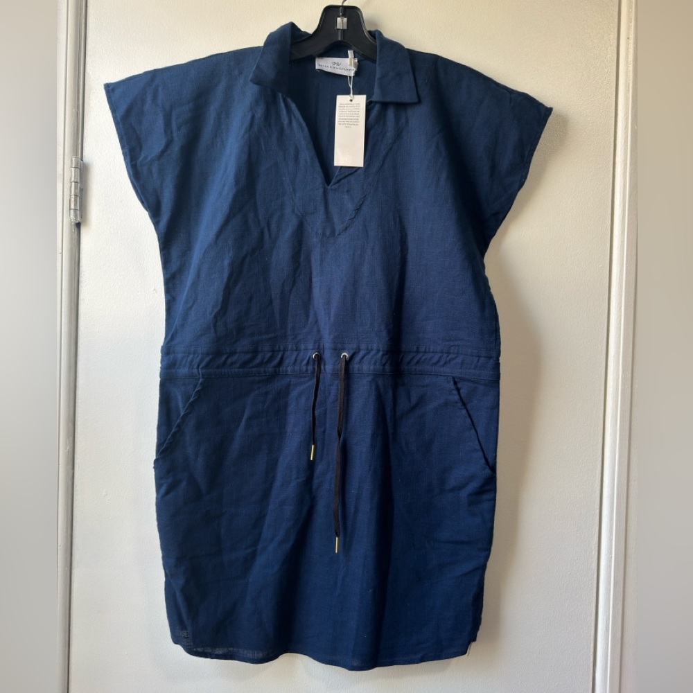 Never A Wallflower Track Blue Linen Dress with Drawstring Waist Mini Sz XS